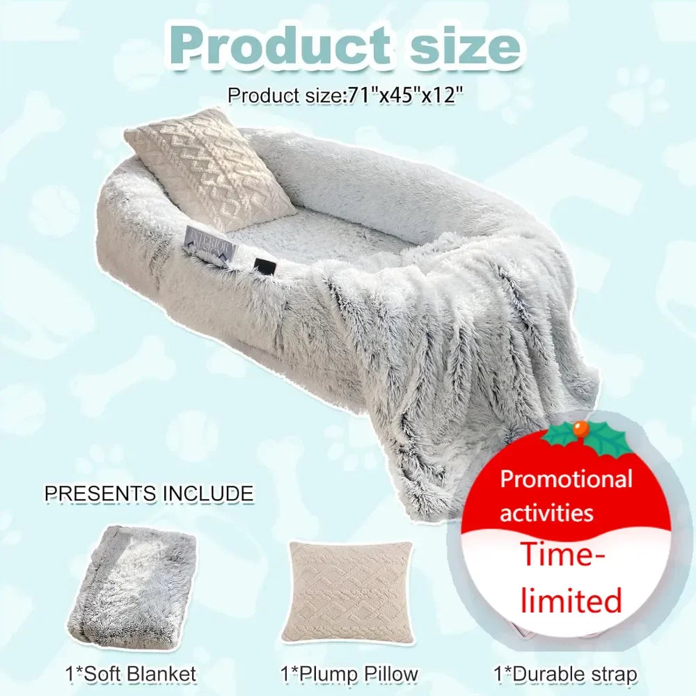 Hot salesExtra Large Human Dog Bed for Adults and Pets, Washable Faux Fur Orthopedic Cushion with Pillow, Blanket, Strap - Grey