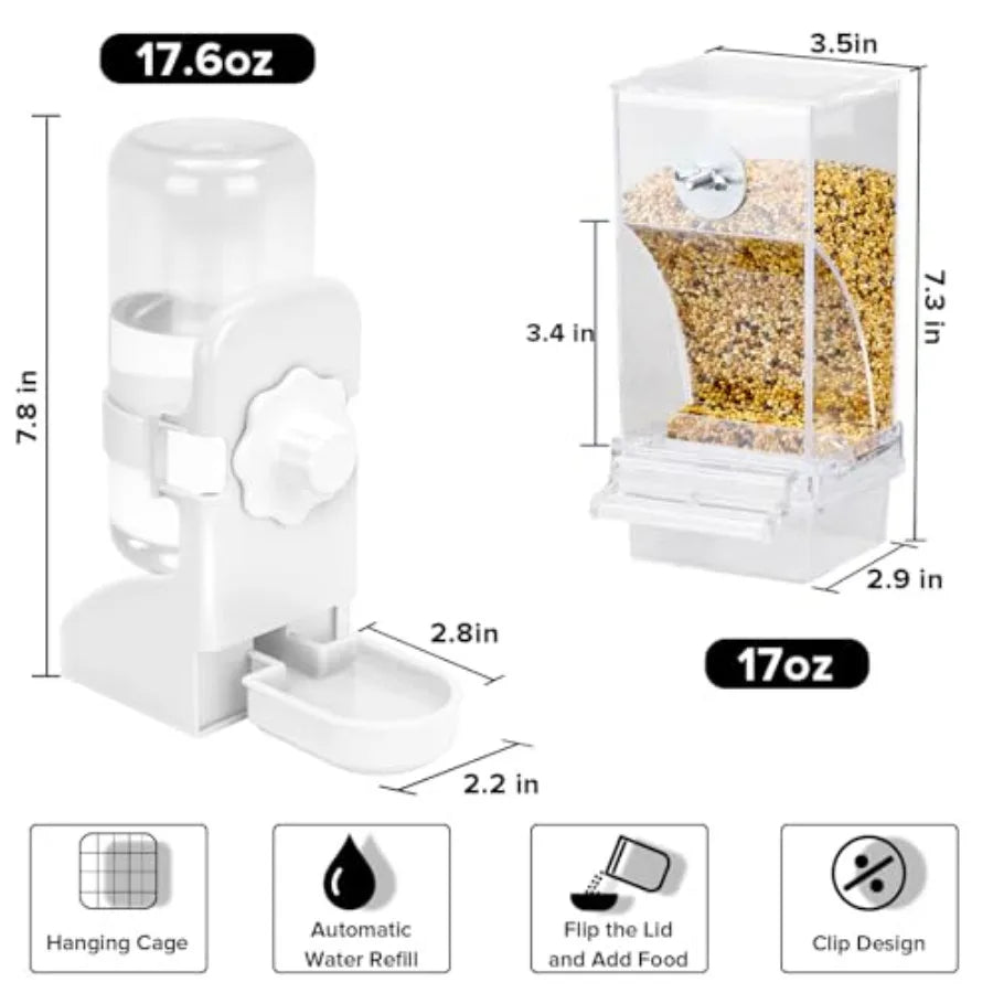 No Mess Bird Feeder Water Dispenser Set, Parakeet Cage Accessories, Bird Feeder and Waterers in Cage for Cockatiels, Finches, L