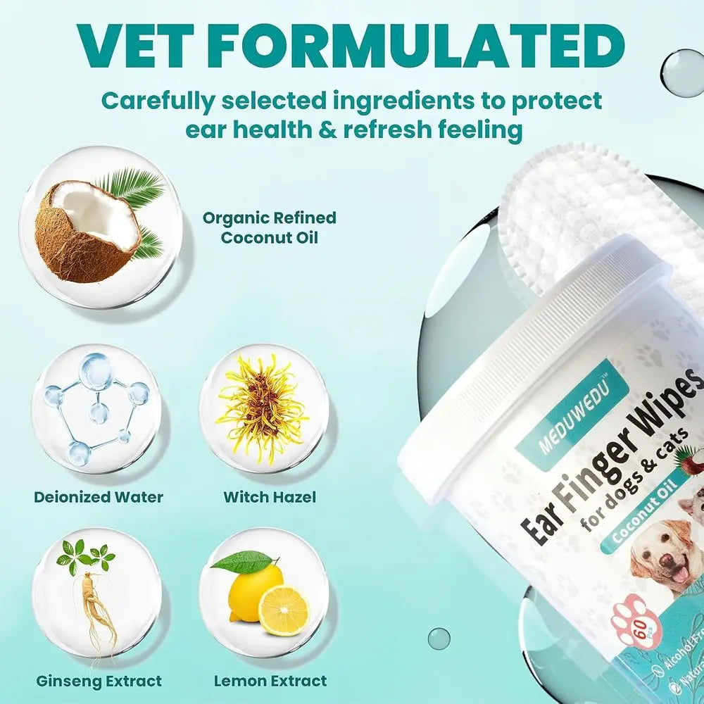 Ear Cleaner Wipes 60 Counts, Dog Ear Cleaner, Grooming Kit Care for Dogs and Cats, Soft & Easy Otic Cleaning Pads, Remove Wax, D