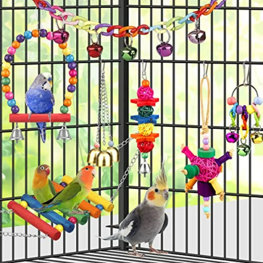 Bird Toys for Conures with Colorful Ladder Hammock Bird Cage Accerious Bird Perch Stand Chewing Toys Hanging Bell for Parrot Pa