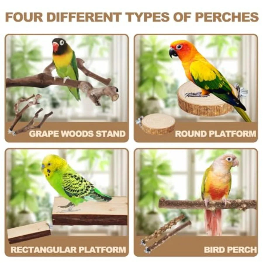 6-Piece Bird Perch Set - Natural Wood Grape Sticks, Paw Grinding Forks, Bird Stand and Toys for Parakeets, Cockatiels, Conure,