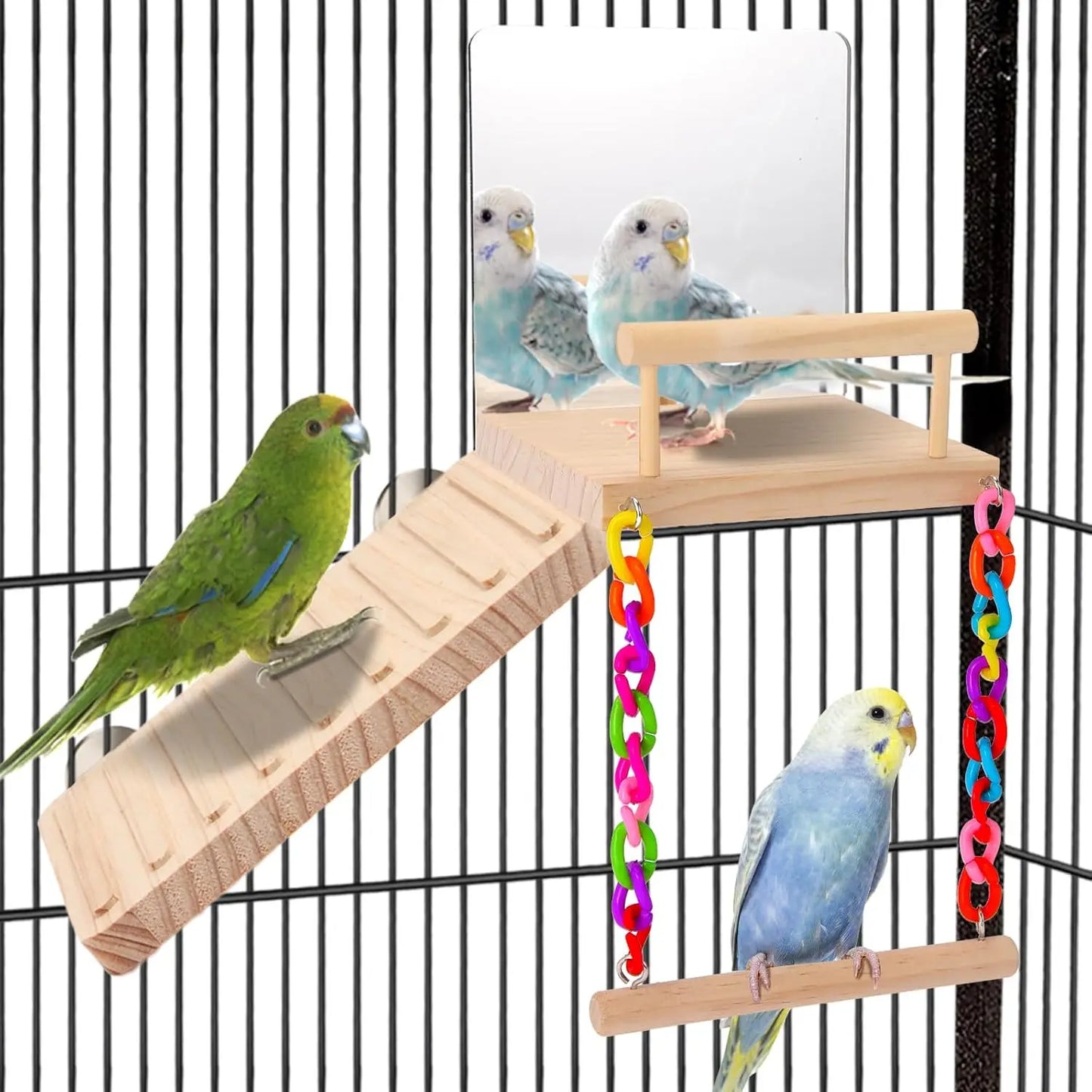 Wooden Bird Play Gym with Mirror Swing Perch for Parakeets Cockatiels Lovebirds Budgies Finch Canaries - Cage Accessories
