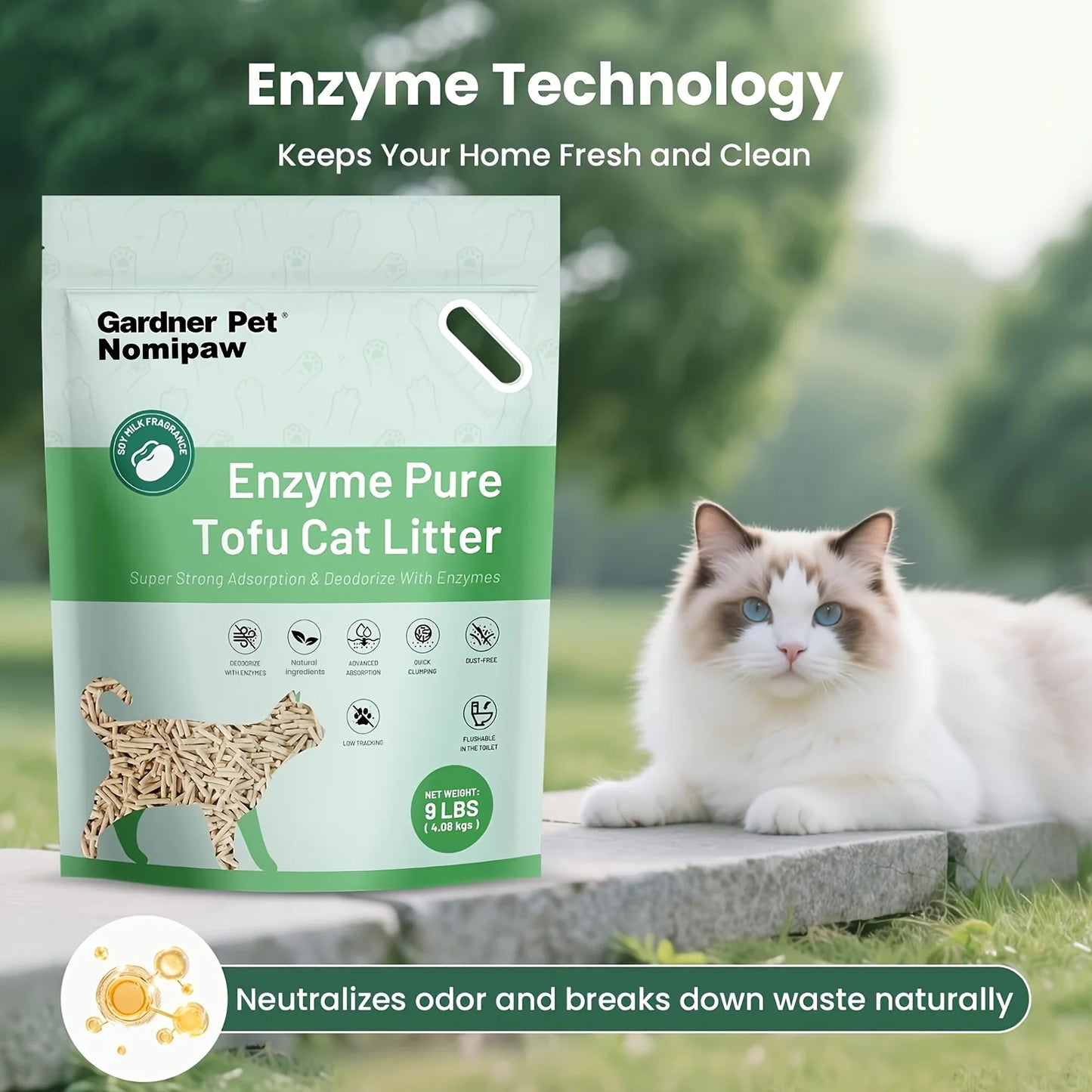 Nomipaw Enzyme Tofu Cat Litter Clumping, Flushable, Ultra Absorbent And Fast Drying, Plant-Based Natural, Solubility In Water, Really Dust-Free, Less Scattering, 9lb Per Bag, 1 Pack/ 2 Packs
