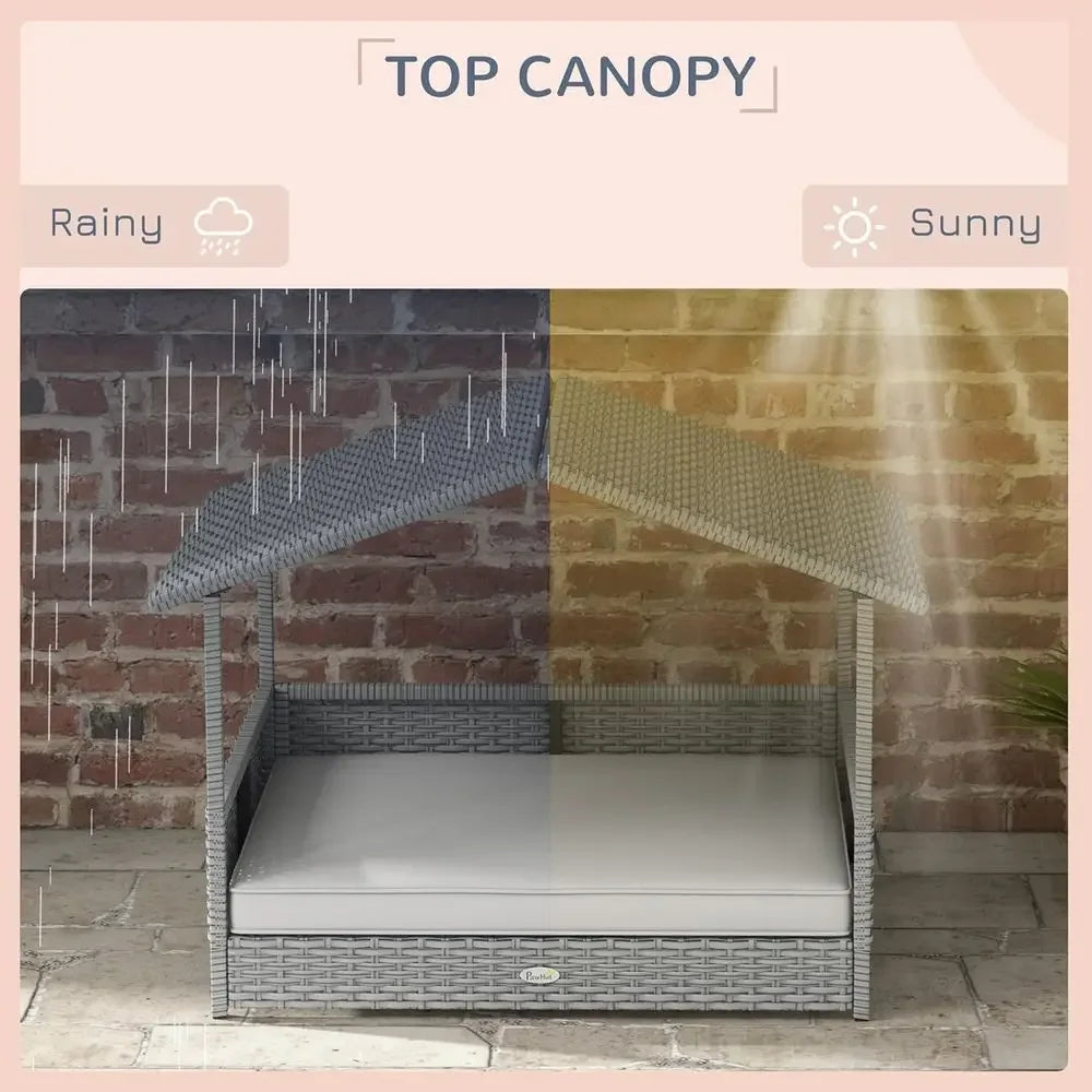 Outdoor Wicker Dog House with Rattan Bed and Waterproof Cushion for Small to Medium Dogs up to 66 lbs, 20 Length, Silver and Whi