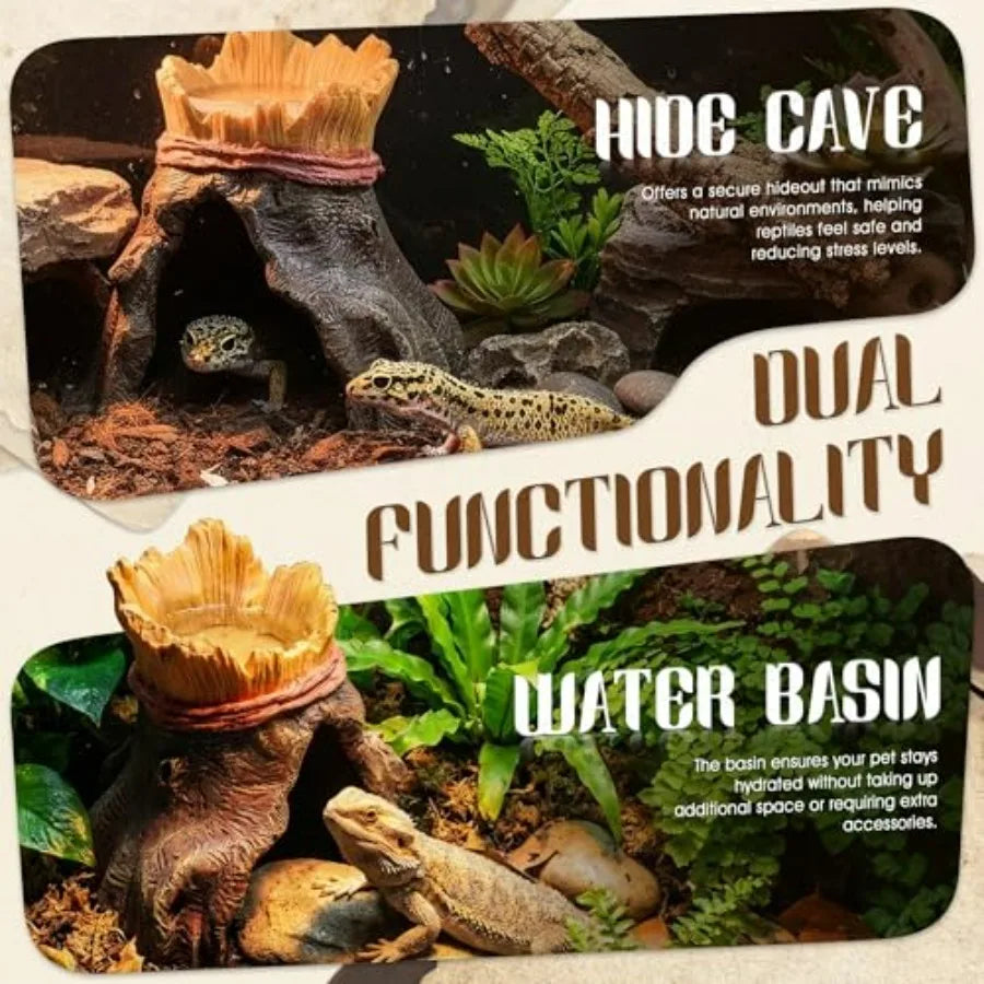 Resin Reptile Hide with Integrated Basin Decorative Cave and Bowl for Terrarium Setup, Suitable for Bearded Dragon, Gecko, Turt