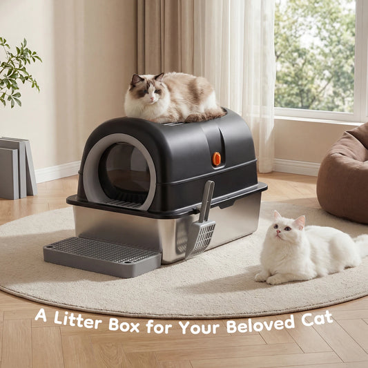 Enclosed Stainless Steel Cat Litter Box With Scoop And Mat