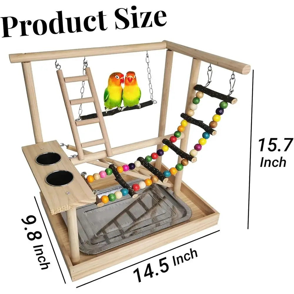 Bird Play Gym with Climbing Ladders, Swings, Chew Toys, and Parakeet Cups for Parrots, Conures, and Lovebirds (Includes Tray)