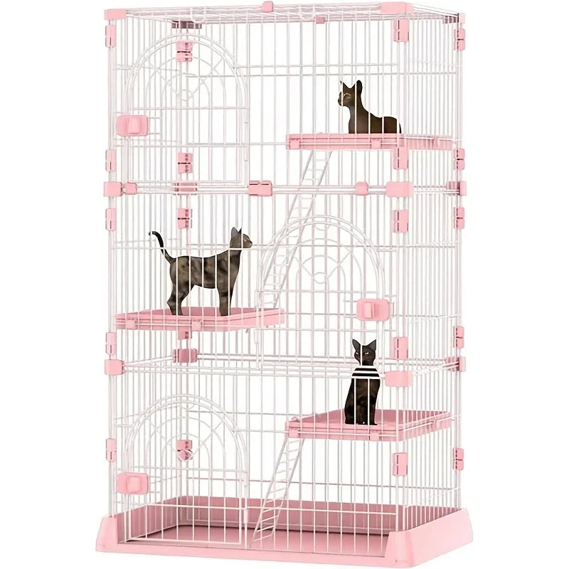 64-Inch 4-Tier Wire Cat Playpen, Spacious Catios for 1-3 Cats, Pink Cat Crate Featuring 3 Platforms, 3 Front Doors, And 2 Ramp Ladders