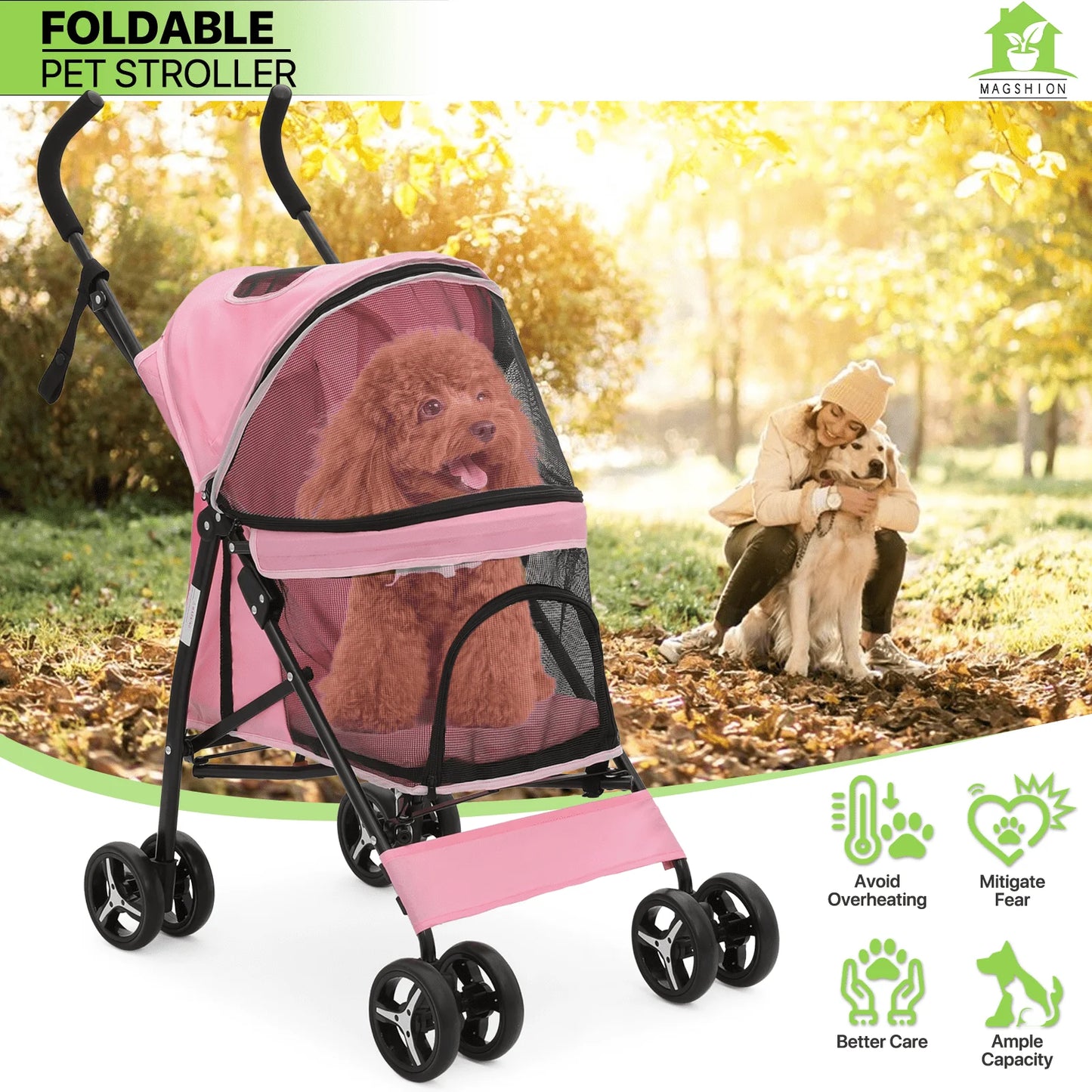 Magshion 4 Wheels Pet Dog Cat Stroller for Small Medium Dogs Cats, Foldable Jogger Stroller w/Storage Basket and Cup Holder