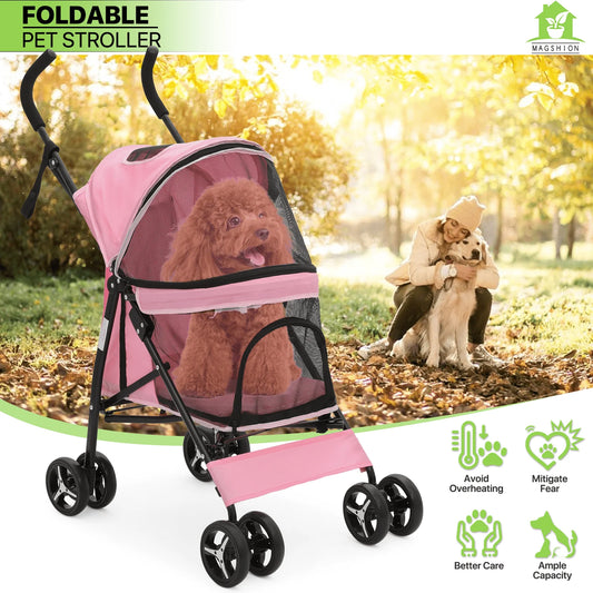 Magshion 4 Wheels Pet Dog Cat Stroller for Small Medium Dogs Cats, Foldable Jogger Stroller w/Storage Basket and Cup Holder
