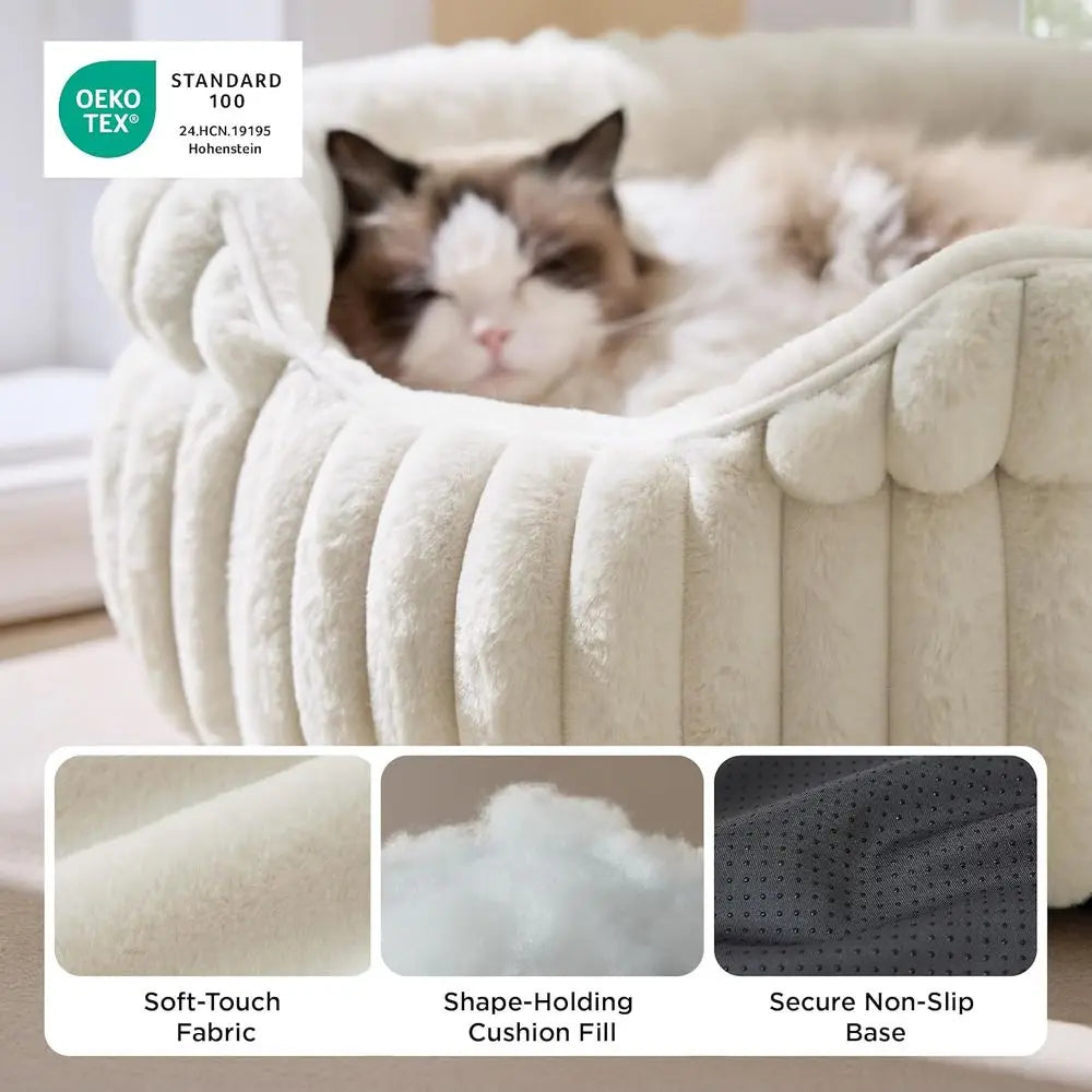 Washable Round Cute Pet Beds Indoor Cats, Super Soft Corduroy Kitten Bed with Anti-Slip Bottom, 20''x20''x8'', Cream