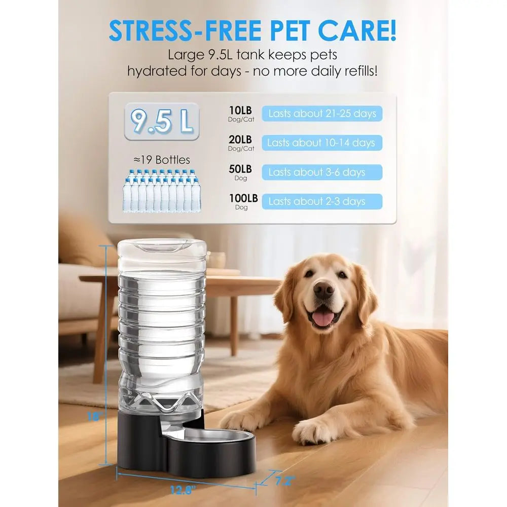 2.5 Gallon Automatic Dog Water Dispenser Wide Mouth Easy Hand-in Cleaning Removable Stainless Steel Bowl Gravity Reilling Large