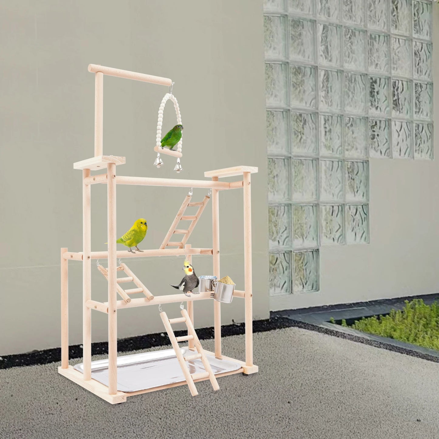Multi-Function 3-Tier Parrot Stand Beech Wood Space-Saving Feeding Bowl&Water Cup For Pet Lovers Office Living Room