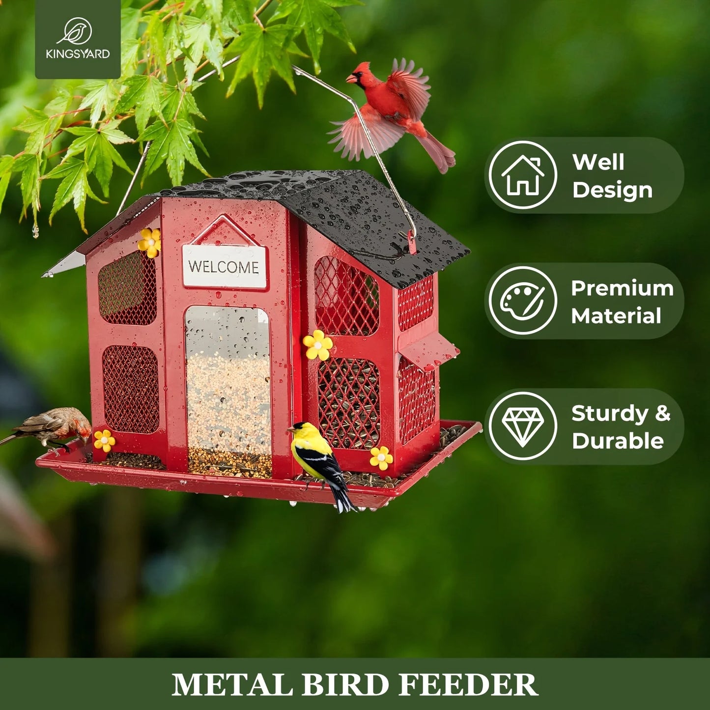 Kingsyard Metal Bird Feeders For Outdoors Hanging, Wild Bird Feeder For Cardinal, With Weatherproof Roof, 3 Different Seed Tray For Finch Sparrows Woodpeckers, 4 Lbs Large Capacity, Black Friday Items, Outdoor Decor, Christma