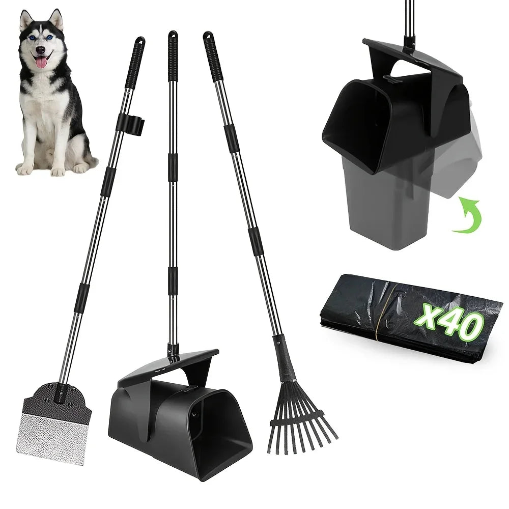 2/3pcs Heavy Duty Dog Pooper Scooper with 40 Bags, Long Handle Swivel Bin & Rake Spade for Large Dogs, Pet Waste Removal Tool for Yard, Grass & Gravel, Without Battery
