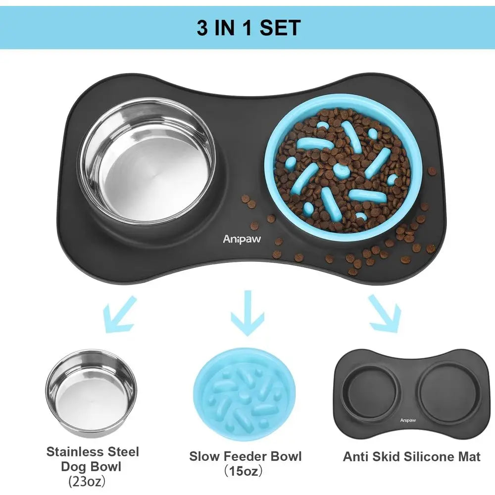 3 in 1 Stainless Steel Food and Water Bowls with Non-Spill and Skid Silicone Mat to Slow Down Eating for Large, Medium, Small Br