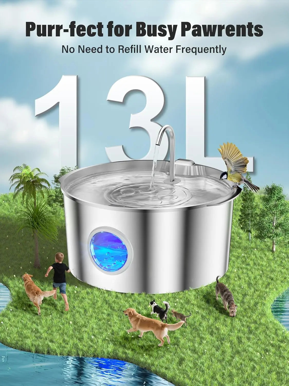 Large 3.4-Gallon Stainless Steel Pet Water Fountain with Quiet Pump for Multi-Dog Homes