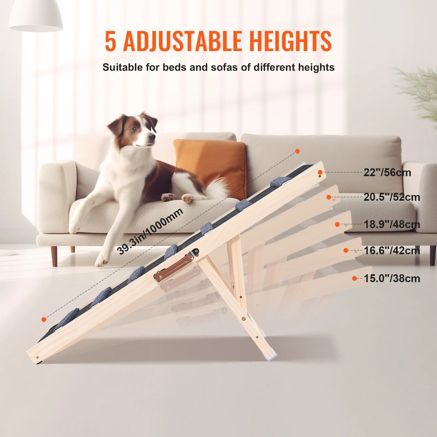 SucceBuy Dog Ramp Folding Ladder Anti-slip High Adjustable Wooden Pet Ramp Removable for Small Old Dog Climbing Stairs Sofa Car