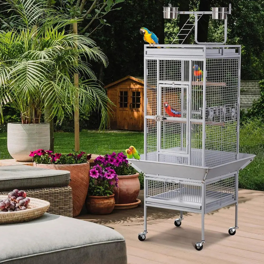 61-inch Large Parrot Cockatiel Bird Cages with Wrought Iron Play Top, Aviary with Rolling Stand or Sun ParaConure Lovebird Budgi