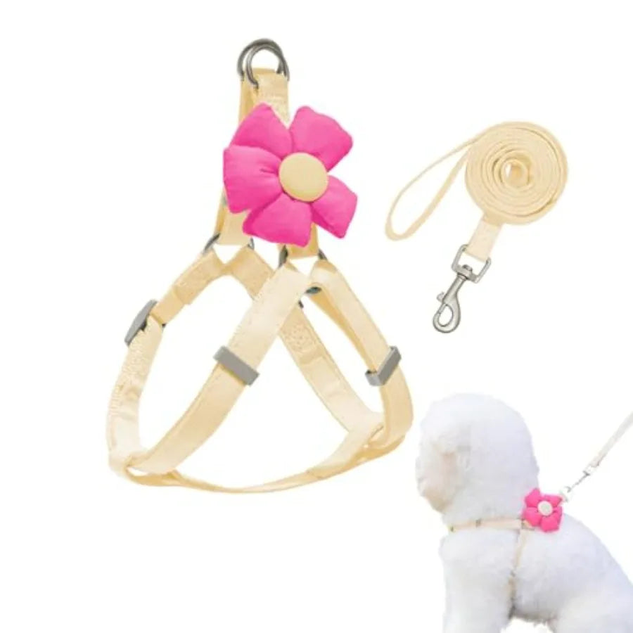 Dog Harness Collar and Leash Set, Sweet Floral Puppy Collar, Escape Proof Puppy Chest Harness, Adjustable Cute Harness Leash Se