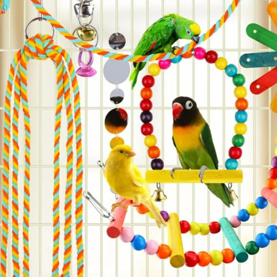 Parakeet Bird Toys 8-Piece Set With Colorful Ladder Hammock Bells