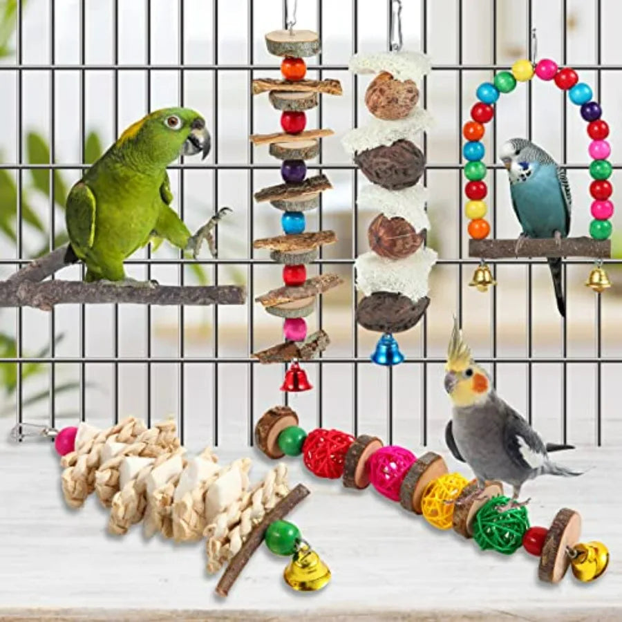 Bird Perch Bird Toys Parakeet Toys, Bird Cage Accessories Wooden Chew Toys Perch Stand for Parrot Conure Cockatiel Lovebird Par
