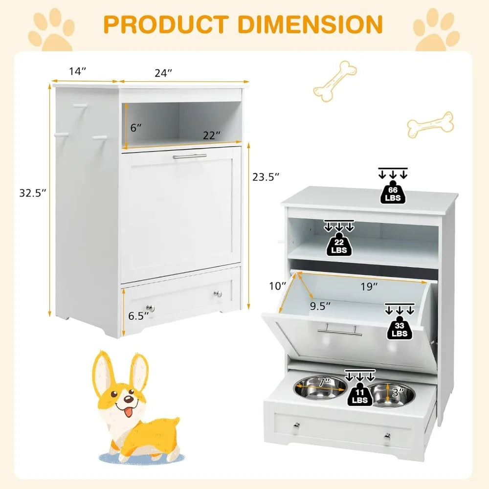 Pet Feeder Station With Double Pull Out Bowls And Storage Cabinet
