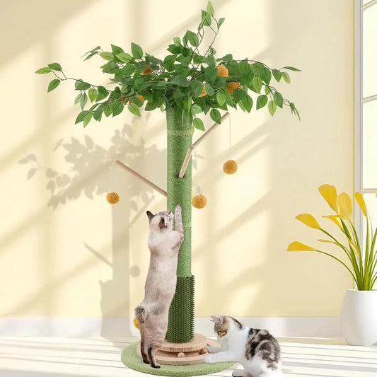 46 Tall Natural Sisal Cat Tree for Adult Cats | Indoor Scratch Post or Body Stretching, Self-groomer Brush, Stable 3-layer Solid
