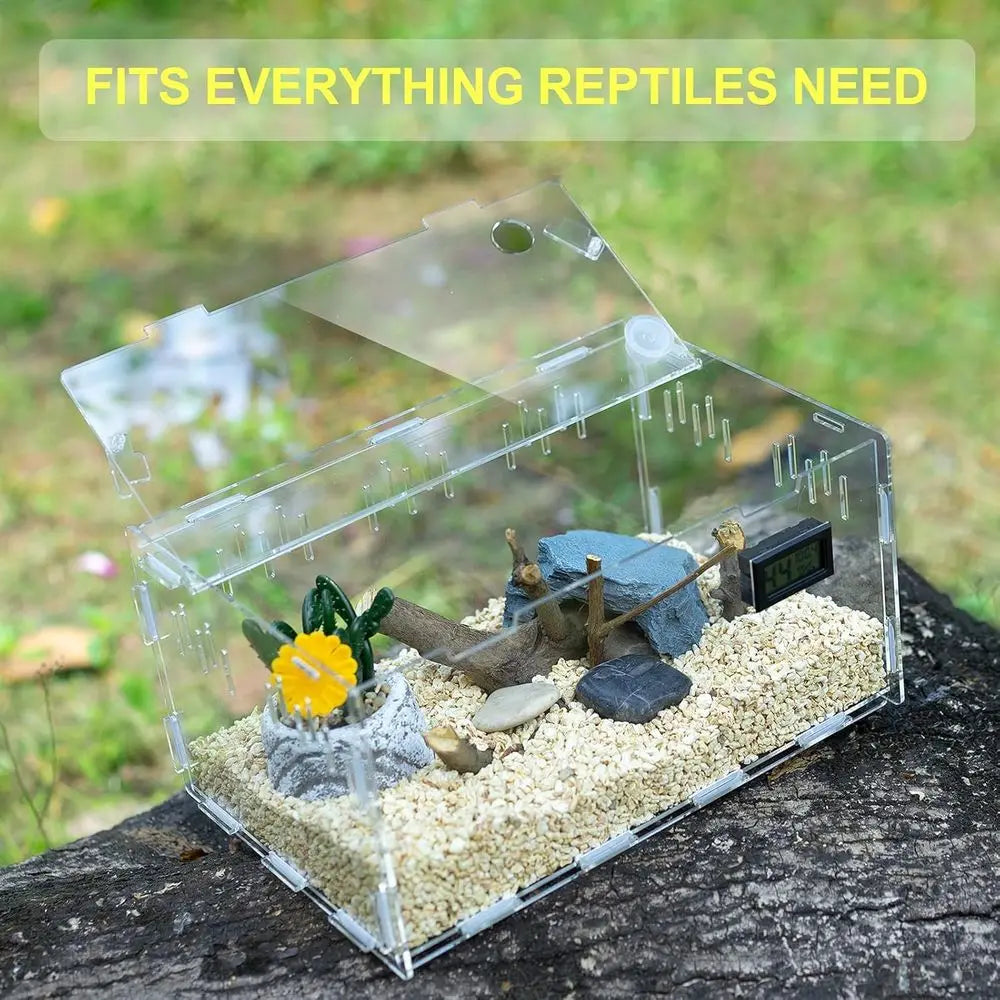 Acrylic Terrarium Tank for Reptile Breeding with Temperature and Humidity Gauge (15.3x9.7x7.6)