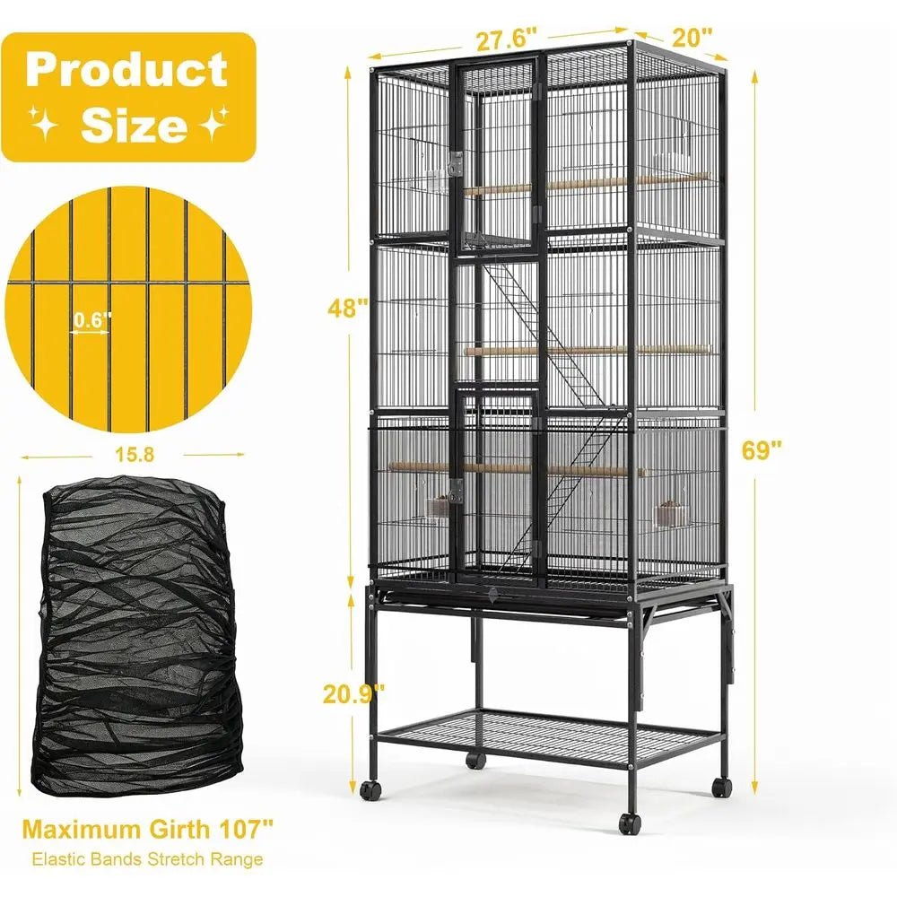 69-Inch Large Bird Cage with Dust Cover,Extra Large Bird Cages or Para| Birdcages or Cockatiels Conure Lovebird inch Canary Smal