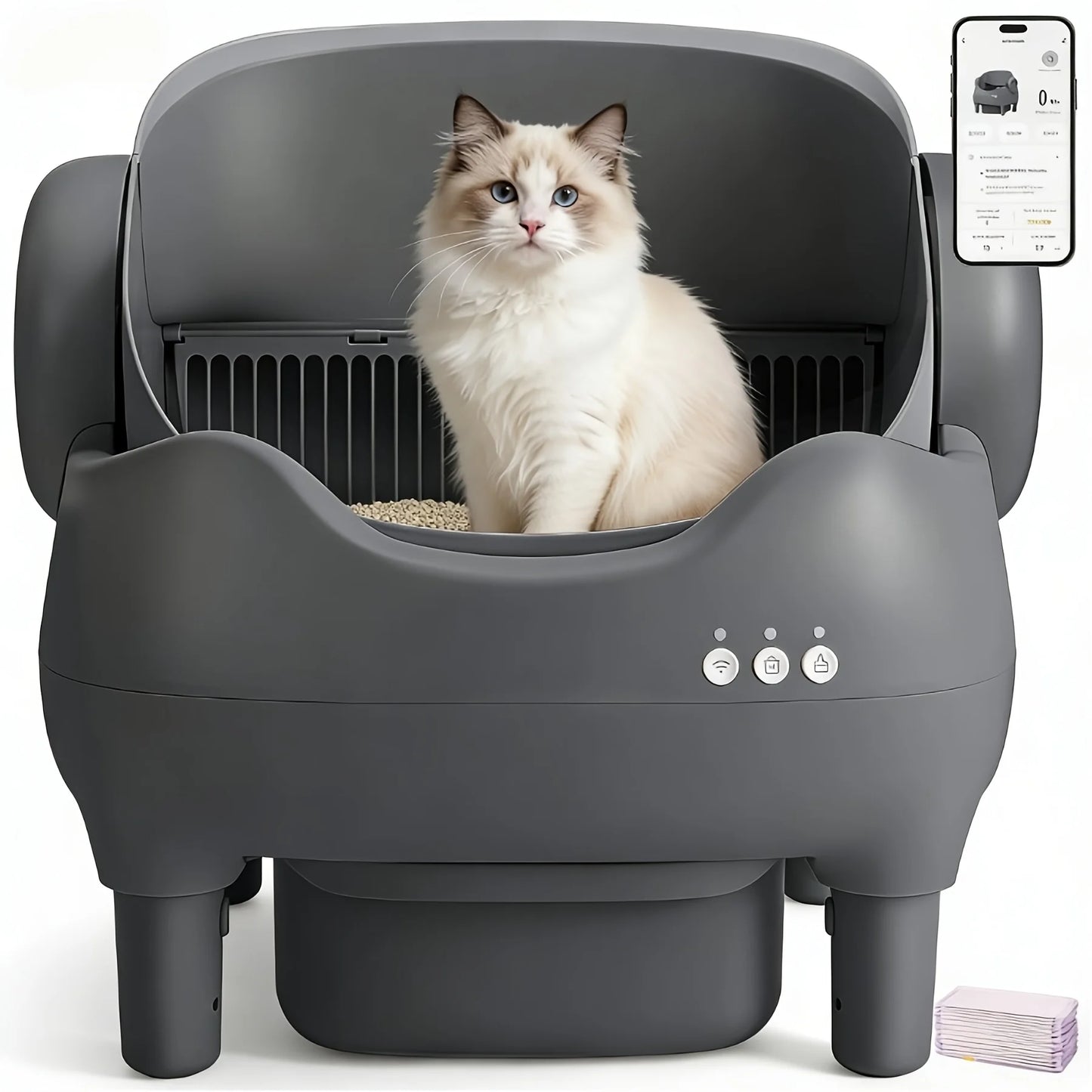 Kitplus Extra-large Smart Self-cleaning Cat Litter Box, Smart Litter Box with App-Controlled Automatic Cleaner, Built-in Ambient Light & Dual Odor Elimination, 2-Week Automatic Maintenance, Large Waste Bin, Open-Top, for A Ha