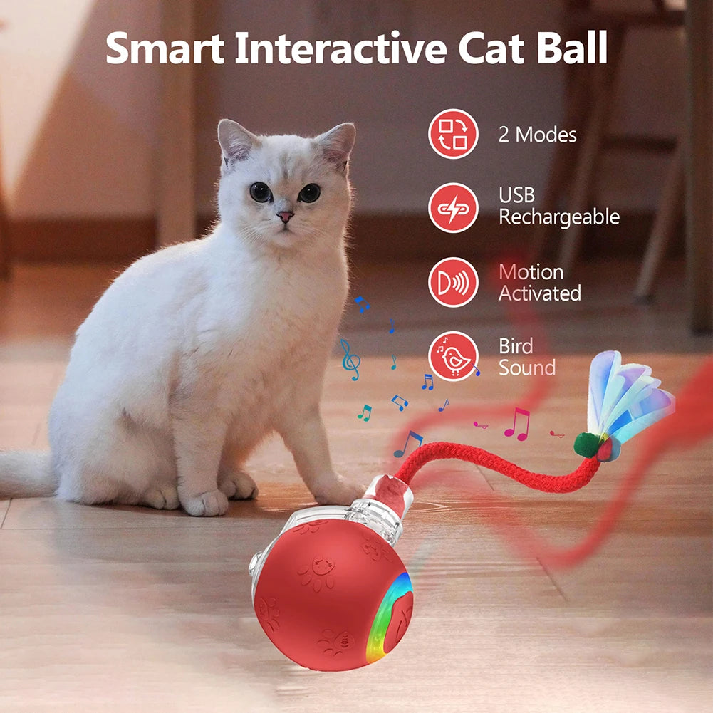 Cat Interactive Ball Toys W/Fake Tail Rechargeable Smart Pet Electric Toy Anti-Depression Automatic Rolling Ball for Indoor Cats