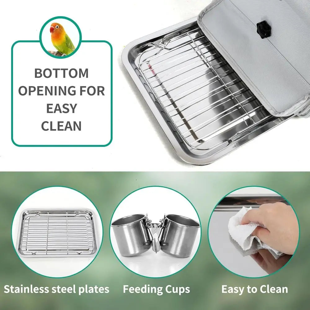 Bird Carrier Bag, Travel Cage with Standing Perch, Indestructible Stainless Steel Mesh, Portable Transparent Breathable Carrier