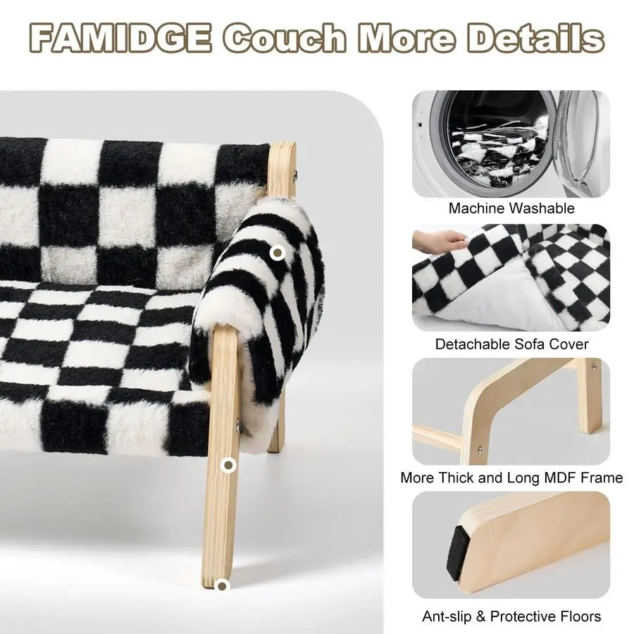 Cat Couch Bed for Indoor Cats Wooden Pet Sofa with Removable Washable Thick Cover Raised Kitty Lounge Chair Suitable for Puppy o