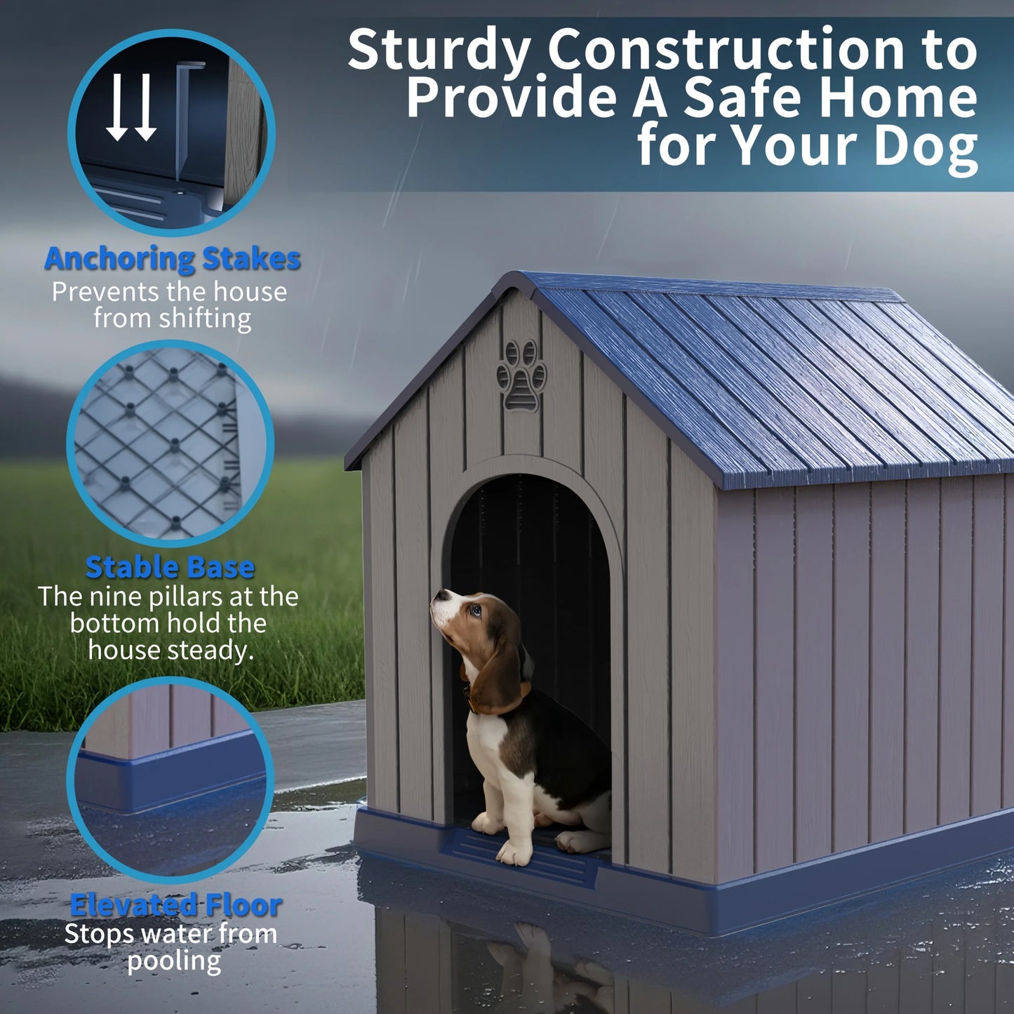 Dog House Outdoor Peaked Roof Dog House for Small to Large Sized Dogs, Resin Dog House with Raised Floor And Vent, Rain Proof Roof, Large Winter House, Give Your Pet A Warm Home. Perfect Holiday Gift for Halloween, Christmas,