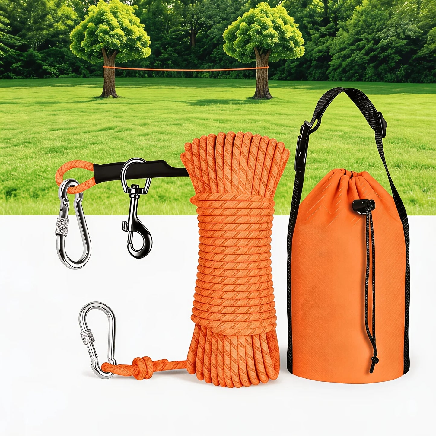 Dog Tie-out Cable for Camping, 50/75/100ft Portable Overhead Trolley System W/ Reflective Design, up to 200lbs, Dog Lead for Yard, Camping, Parks, Orange/Green/Blue