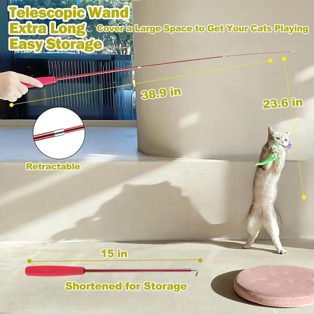 Cat Toys Indoor Cats, Interactive Retractable Wand Toy and 9PCS Cat Feather Toys, Kitten Toys Cat Fishing Pole Toy or Bored Indo