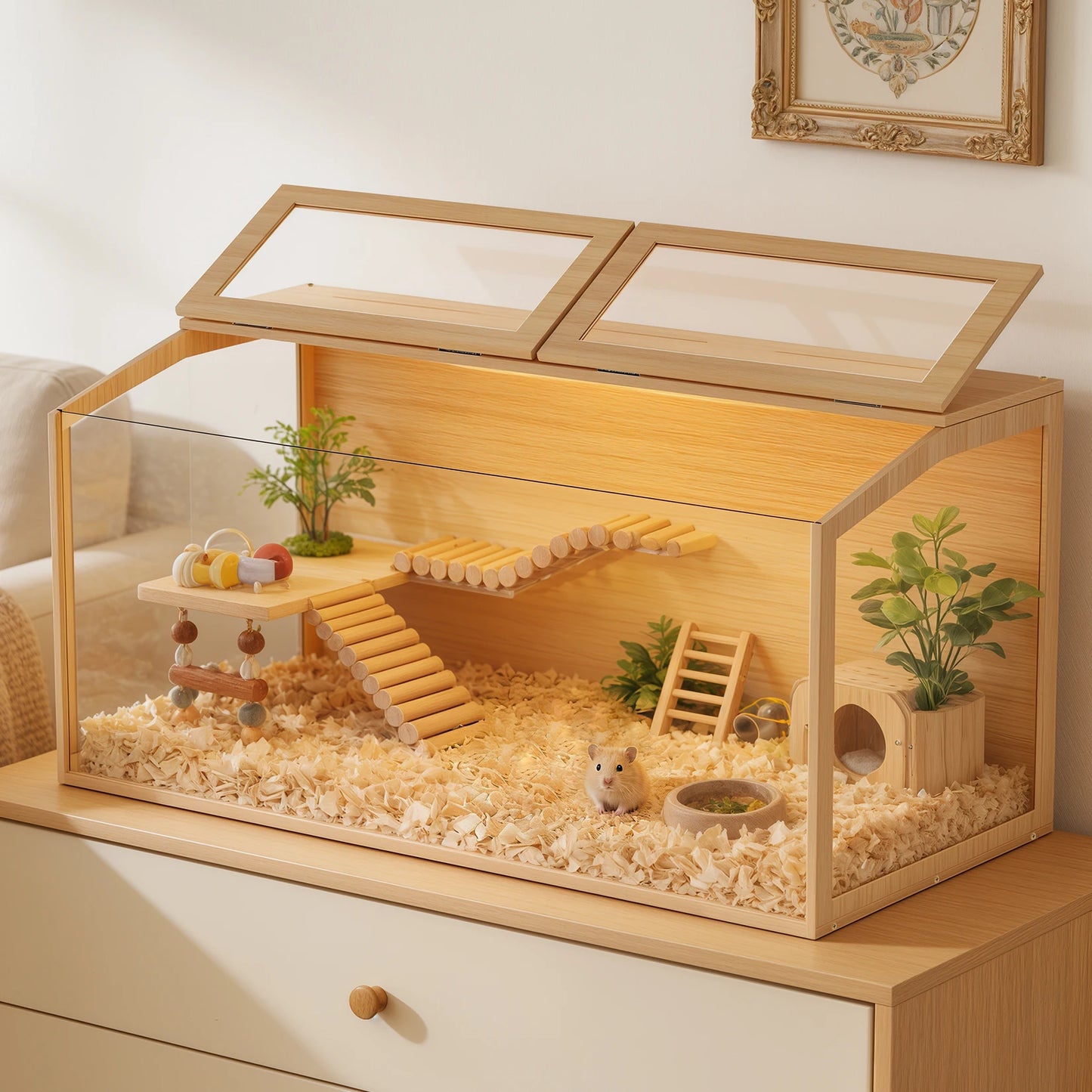 Large Natural Wooden Hamster Cage with Glass Panels, LED Light, Chew-Proof Indoor Habitat for Small Pets