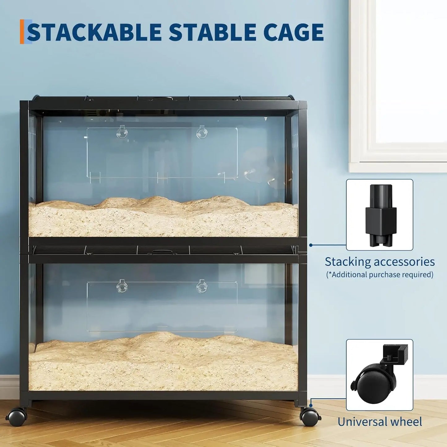 Chew-Proof Metal Hamster Cage - Stackable Small Animal Habitat with Acrylic Panels, Dual Doors, Lift Top, Wheels, Ventilated for Syrian & Dwarf Hamsters, Gerbils, Rats, Guinea Pigs