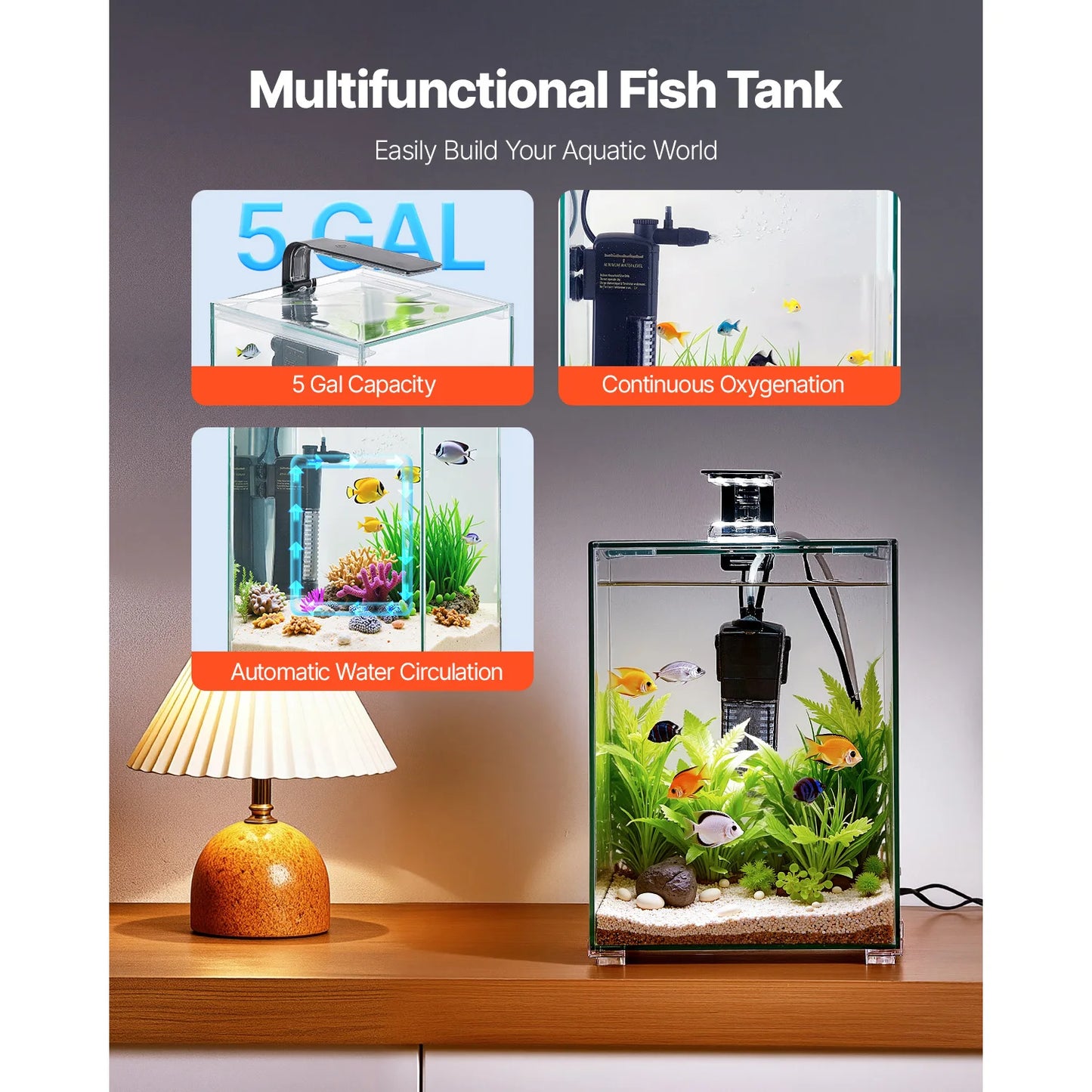 SucceBuy Fish Tank Aquarium 5Gal Square Ultra-Clear Glass Starter Tank Adjustable 3 Color Lighting Self Cleaning System for Home