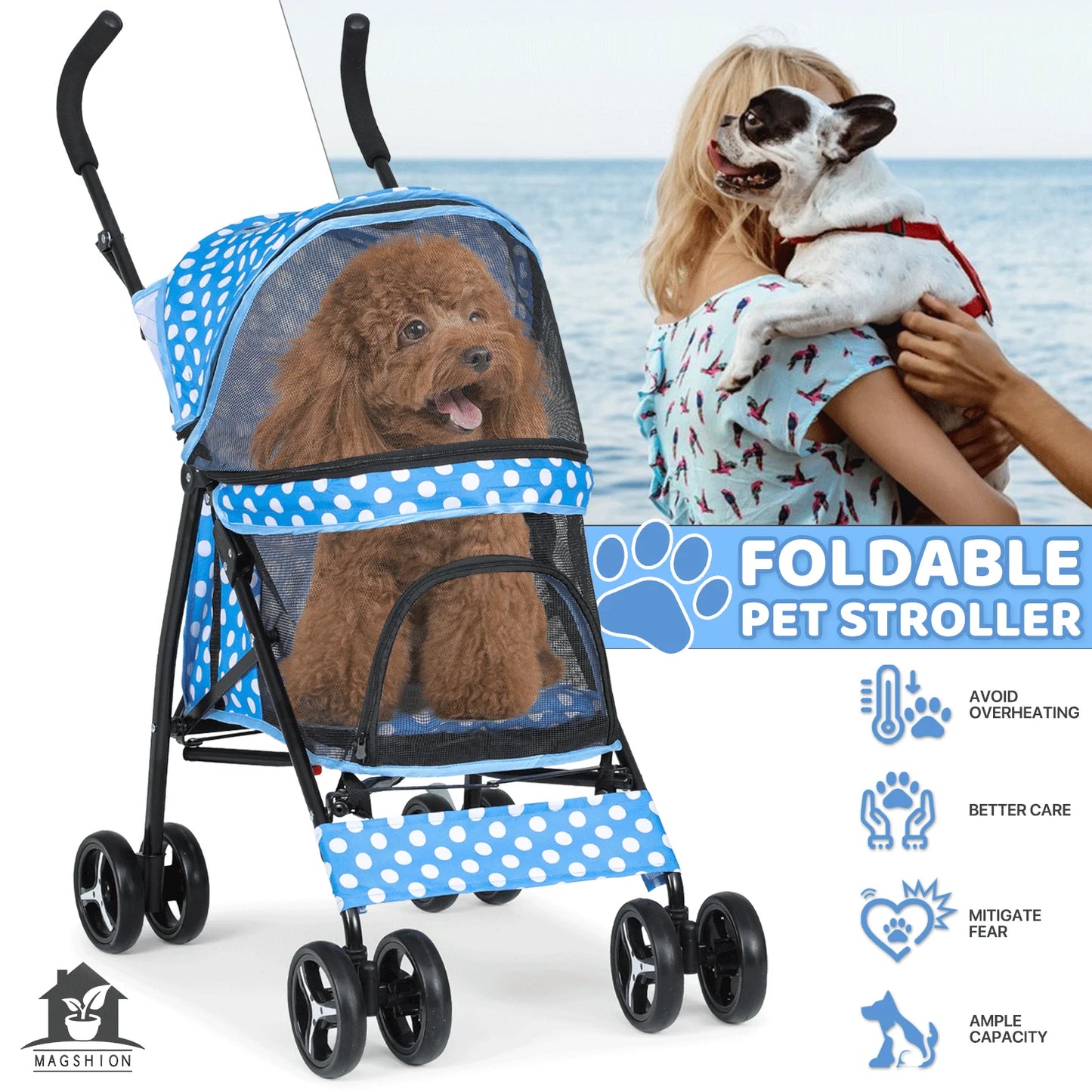 Magshion 4 Wheels Pet Dog Cat Stroller for Small Medium Dogs Cats, Foldable Jogger Stroller w/Storage Basket and Cup Holder