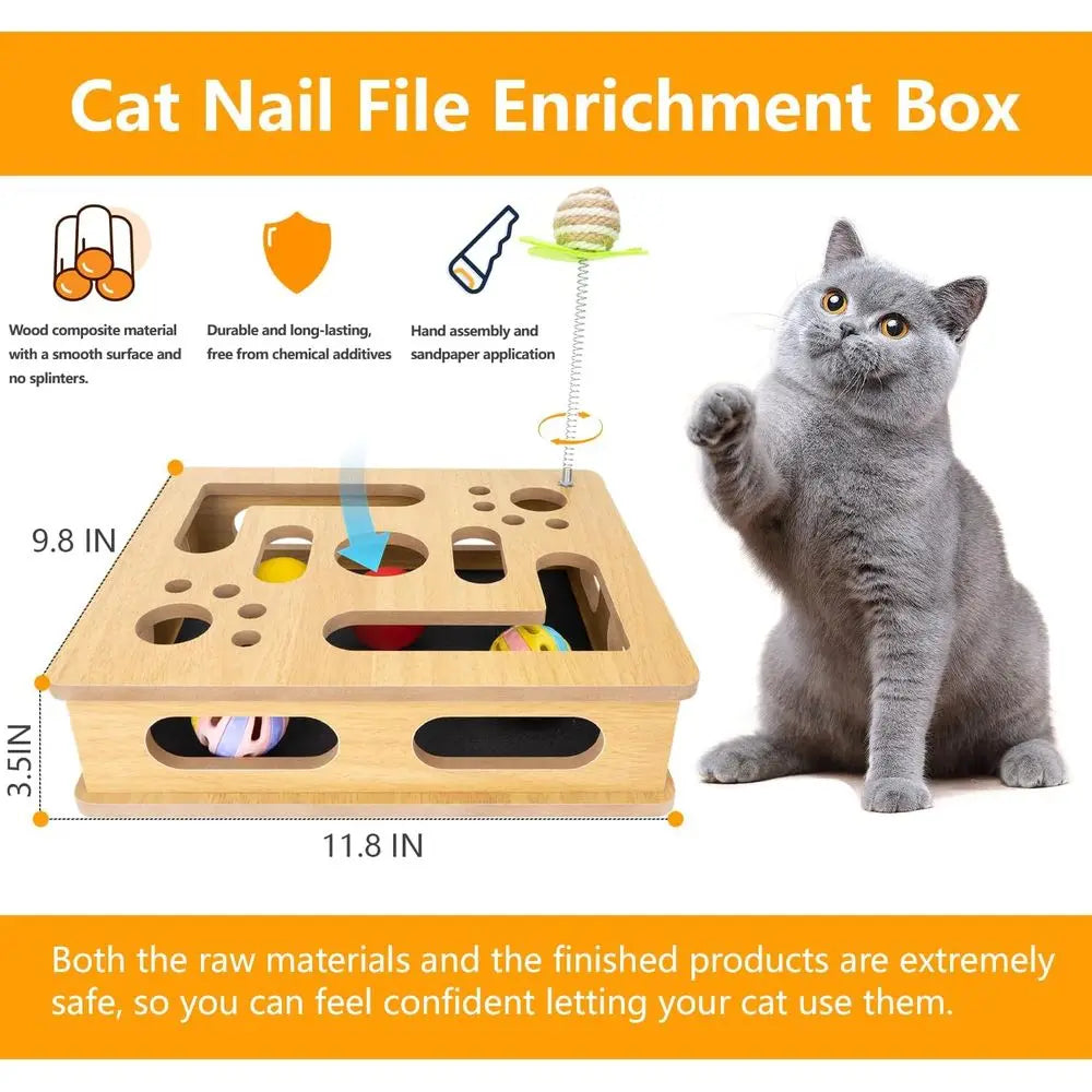Cat Scratch Puzzle Enrichment Box, Nail Trimming Box, No Assembly Required, Built-in Sandpaper Trims Pet's Claws as They Play, B