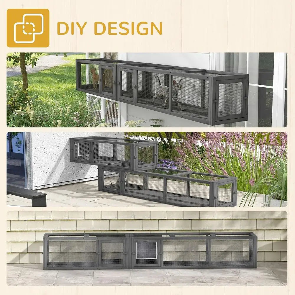 Outdoor Cat Tunnel with Combinable Design, 8 Door, 98 Gray | Wooden Cat Tube, Kitty Toys or Puppy, Pet, House, Window, Cage