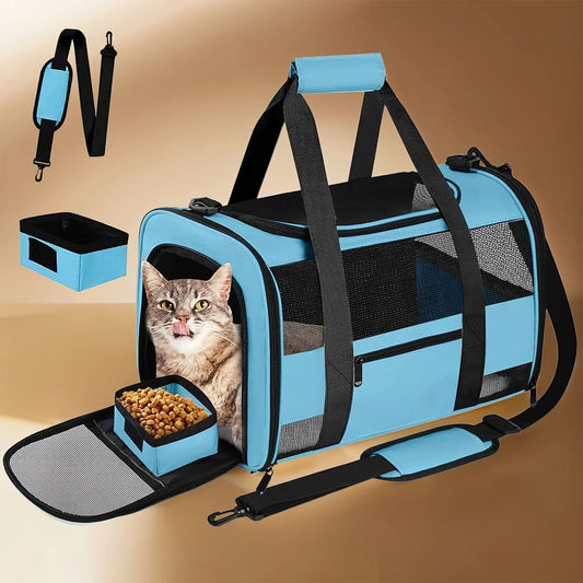 TSA Airline Approved Collapsible Soft-Sided Cat & Dog Carrier - Cozy Fleece Pet Travel Bag with Foldable Bowl, Mesh Ventilation Windows, Safety Zippers, Shoulder/Carry Strap & ID Holder - Carrier for Small/Medium Puppies & Ca
