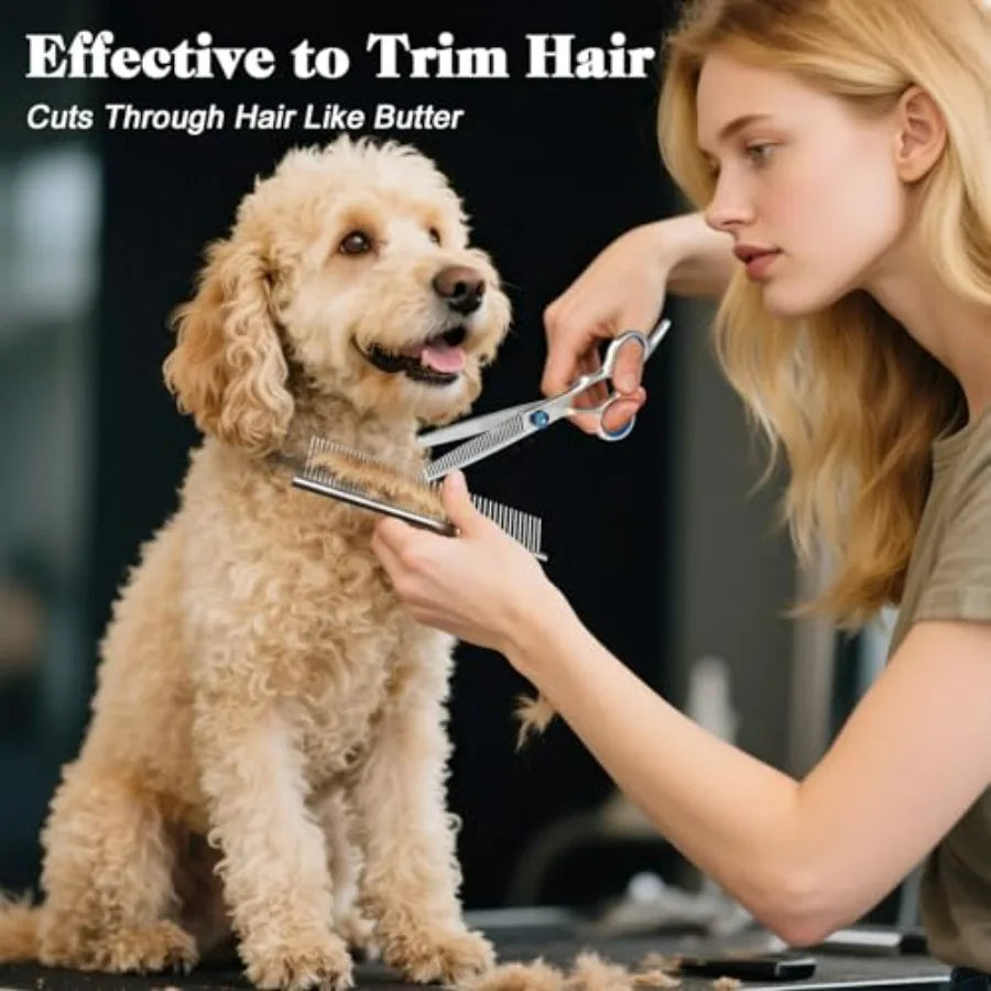 Professional 4 in 1 Dog and Cat Grooming Scissors Kit with Safety Round Tips, Sharp and Durable, Dog Shears for Grooming - Incl