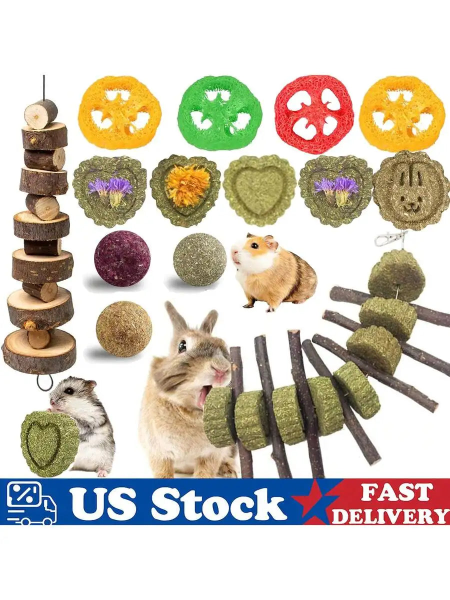14Pcs Natural Chew Toys For Rabbits Guinea Pigs Hamsters Chinchillas Wood Timothy Grass Sticks