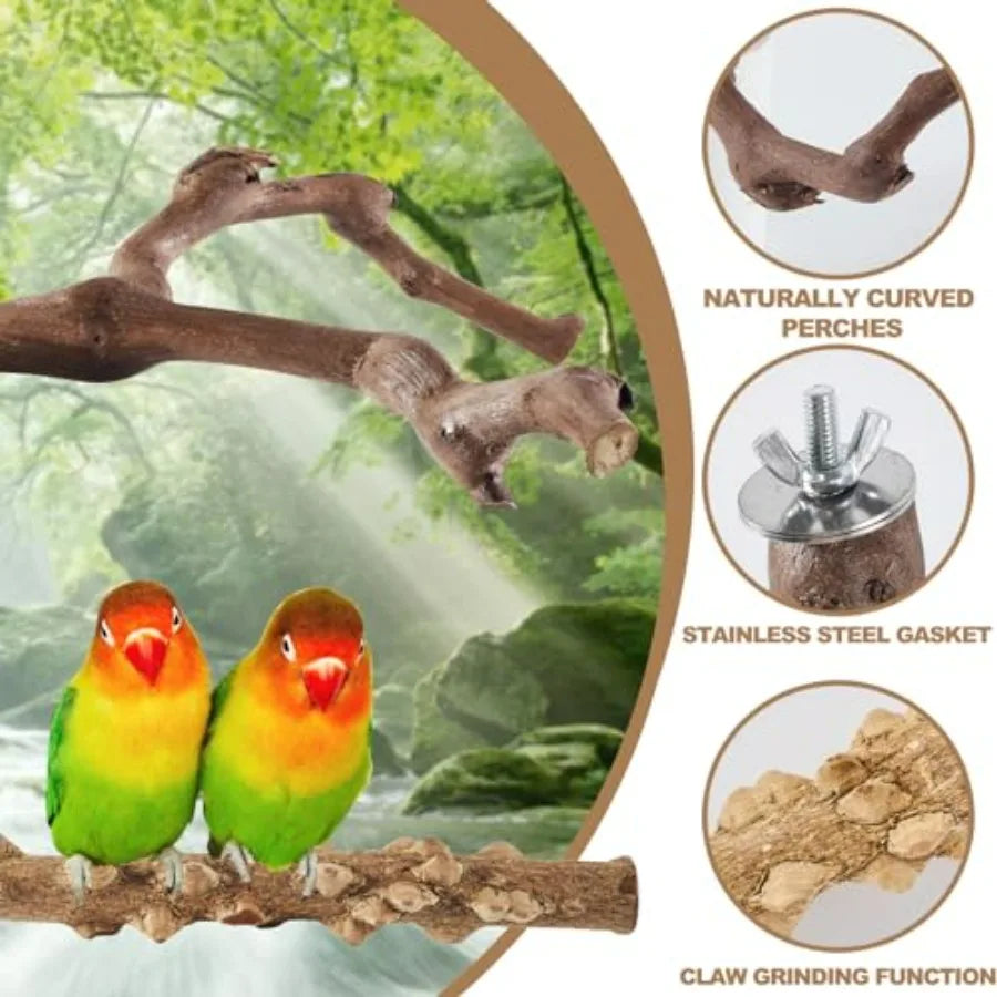 6-Piece Bird Perch Set - Natural Wood Grape Sticks, Paw Grinding Forks, Bird Stand and Toys for Parakeets, Cockatiels, Conure,
