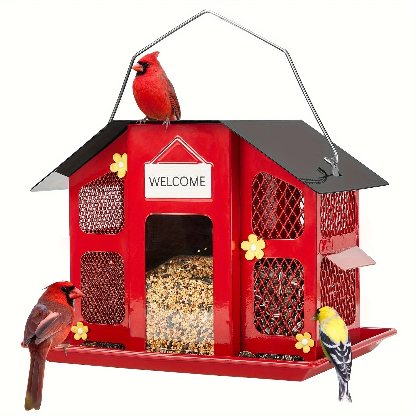 Kingsyard Metal Bird Feeders For Outdoors Hanging, Wild Bird Feeder For Cardinal, With Weatherproof Roof, 3 Different Seed Tray For Finch Sparrows Woodpeckers, 4 Lbs Large Capacity, Black Friday Items, Outdoor Decor, Christma
