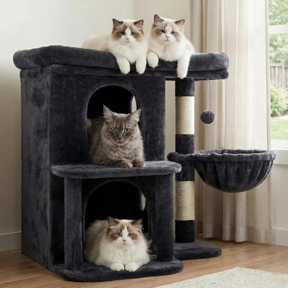 25.6 inch tall cat tower with large perch dual condos sisal posts cozy basket and dangling toy for big cats