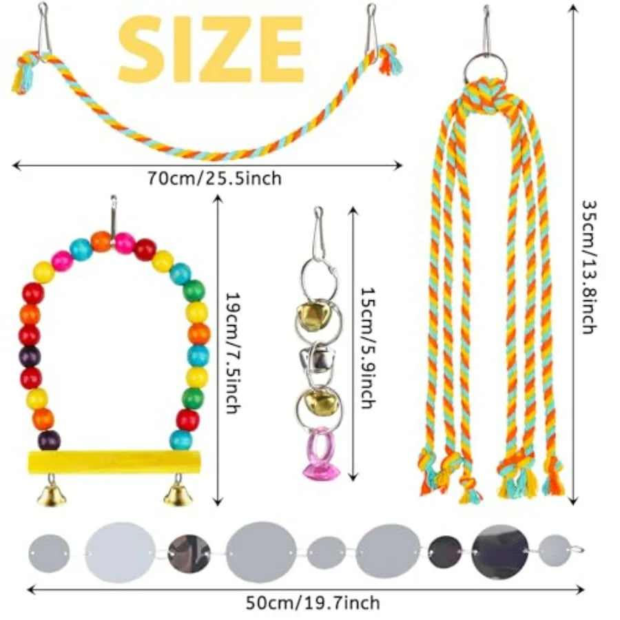 Parakeet Bird Toys 8-Piece Set With Colorful Ladder Hammock Bells